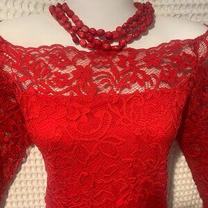 Loft Ladies Red Boat Neck Lace Long Sleeve Top